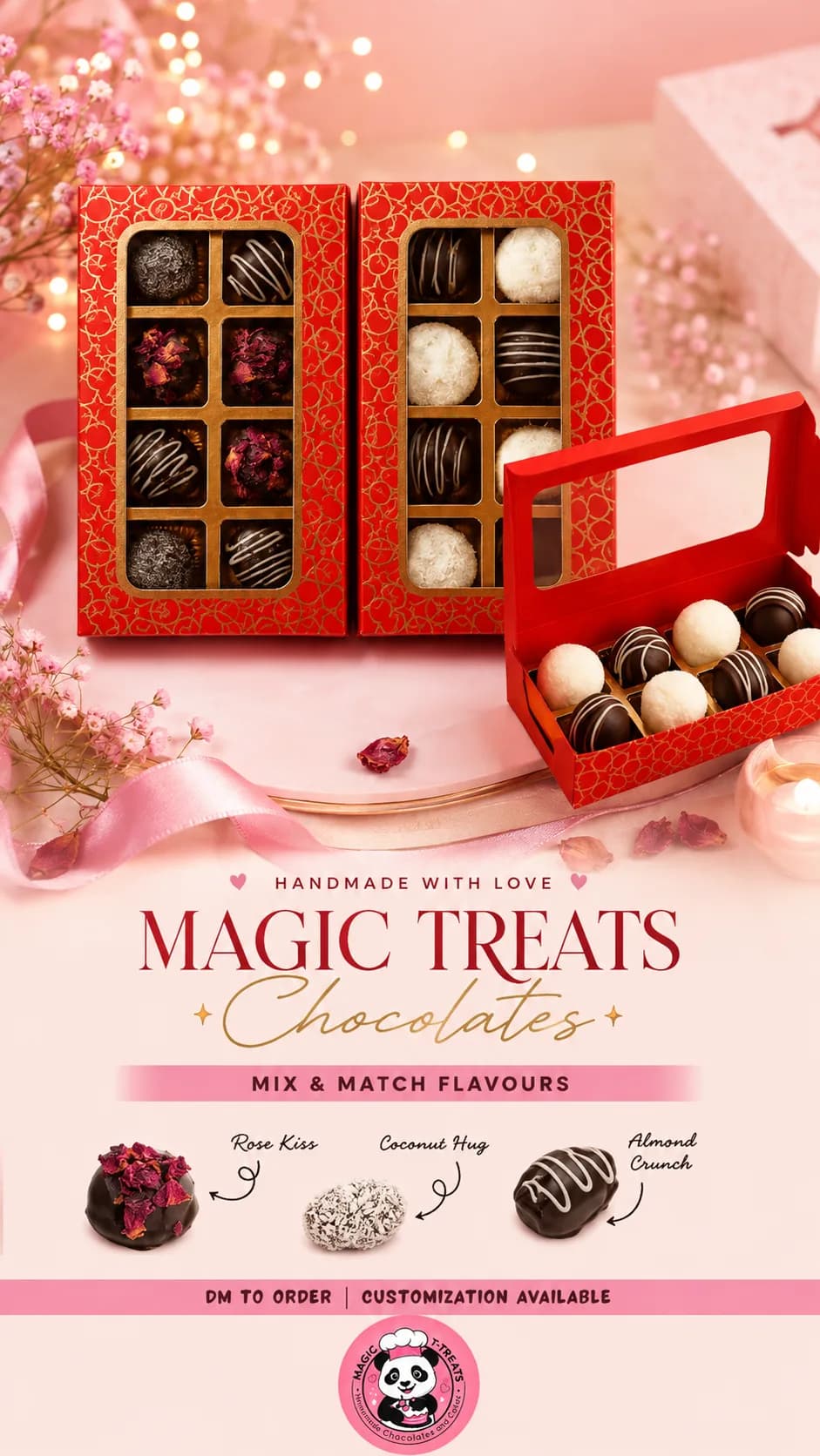 Assorted handmade chocolate truffles in rose, coconut and almond flavours, Magic T-treats, Magic t treats, Tashu, tavishi, Tavishi manohar