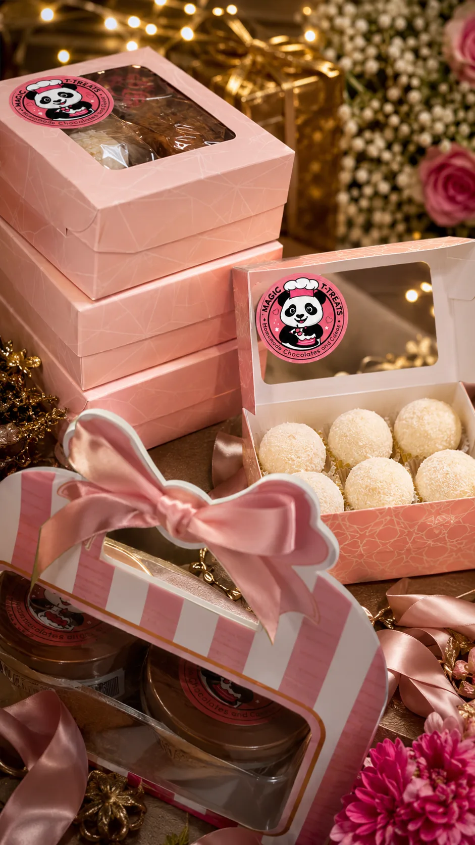 Coconut chocolate bites in a pink gift box, with stacked gift boxes behind, Magic T-treats, Magic t treats, Tashu, tavishi, Tavishi manohar