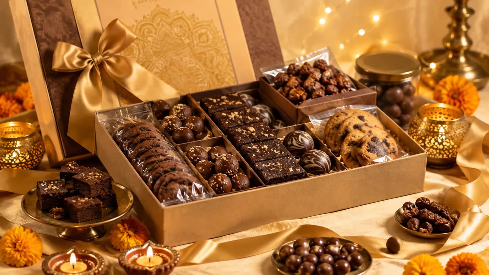 Diwali gift box of cookies, brownies, chocolate truffles and roasted nuts, lit by diyas, Magic T-treats, Magic t treats, Tashu, tavishi, Tavishi manohar