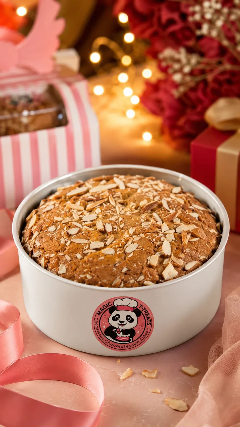 Orange and almond tea cake topped with flaked almonds, in a branded tin, Magic T-treats, Magic t treats, Tashu, tavishi, Tavishi manohar