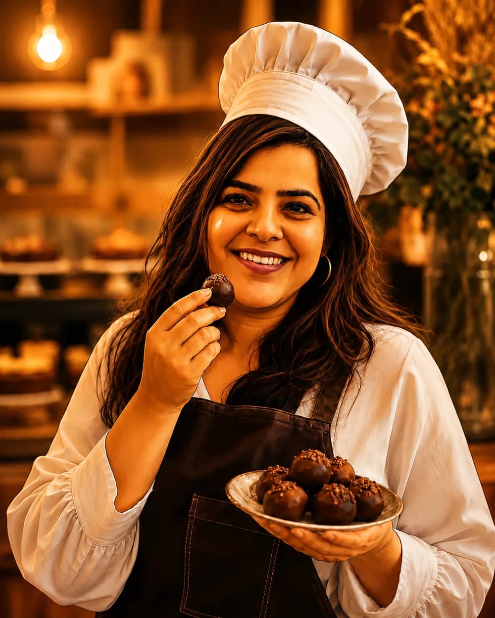 The baker behind Magic T-treats, in a chef's hat and apron, holding a plate of handmade chocolate truffles., Magic T-treats, Magic t treats, Tashu, tavishi, Tavishi manohar
