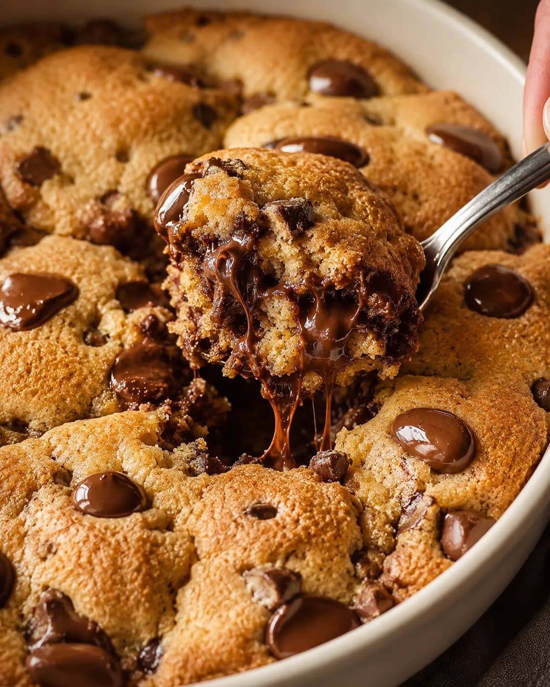 A spoon lifting a warm, gooey scoop from a tin of chocolate chip cookie, melted chocolate stretching away from it., Magic T-treats, Magic t treats, Tashu, tavishi, Tavishi manohar